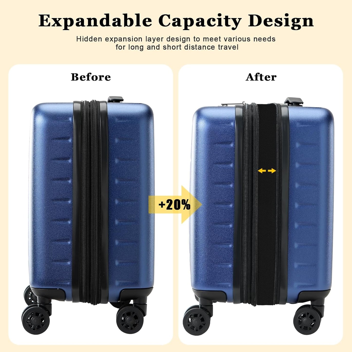 16 Inch Carry On Luggage Airline Approved, Expandable Lightweight ABS+PC Hard Shell Suitcases with 360° Spinner Wheels, TSA Lock, YKK Zippers (Navy Blue, 1 PC)