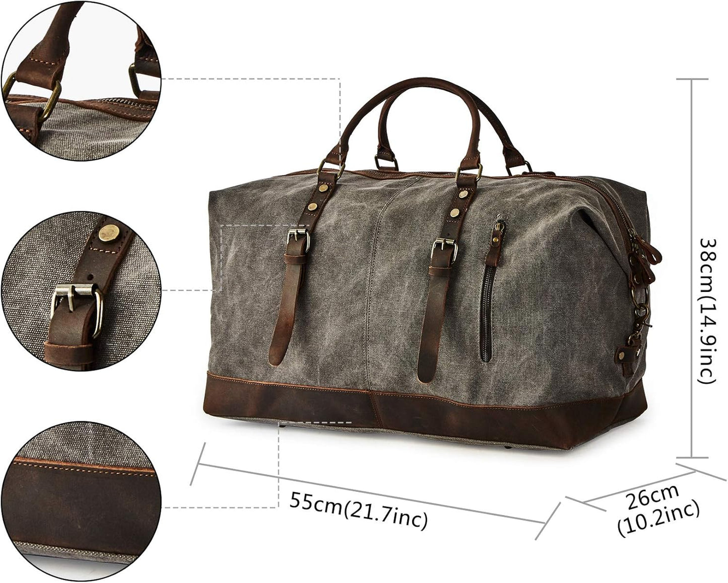 Oversized Canvas Genuine Leather Trim Travel Tote Duffel Shoulder Weekend Bag Weekender Overnight Carryon Handbag
