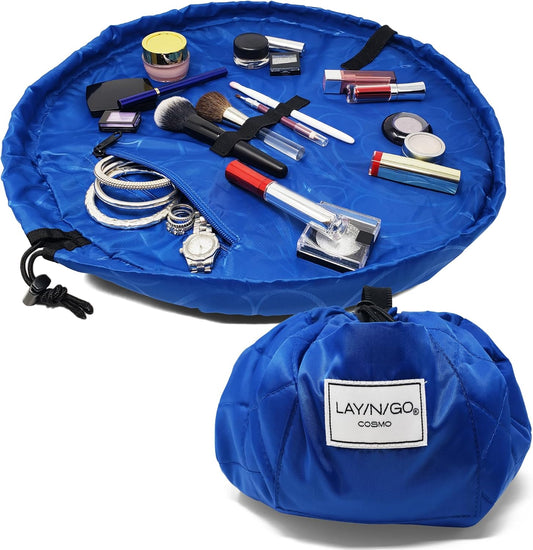 Lay-n-Go Cosmo Lay Flat Drawstring Cosmetic & Makeup Bag Organizer - Zipper Pocket, Brush Loops & Storage - Machine Washable, Toiletry Carrier for Travel, Cinch Closure, Gift (20", Sky Blue)