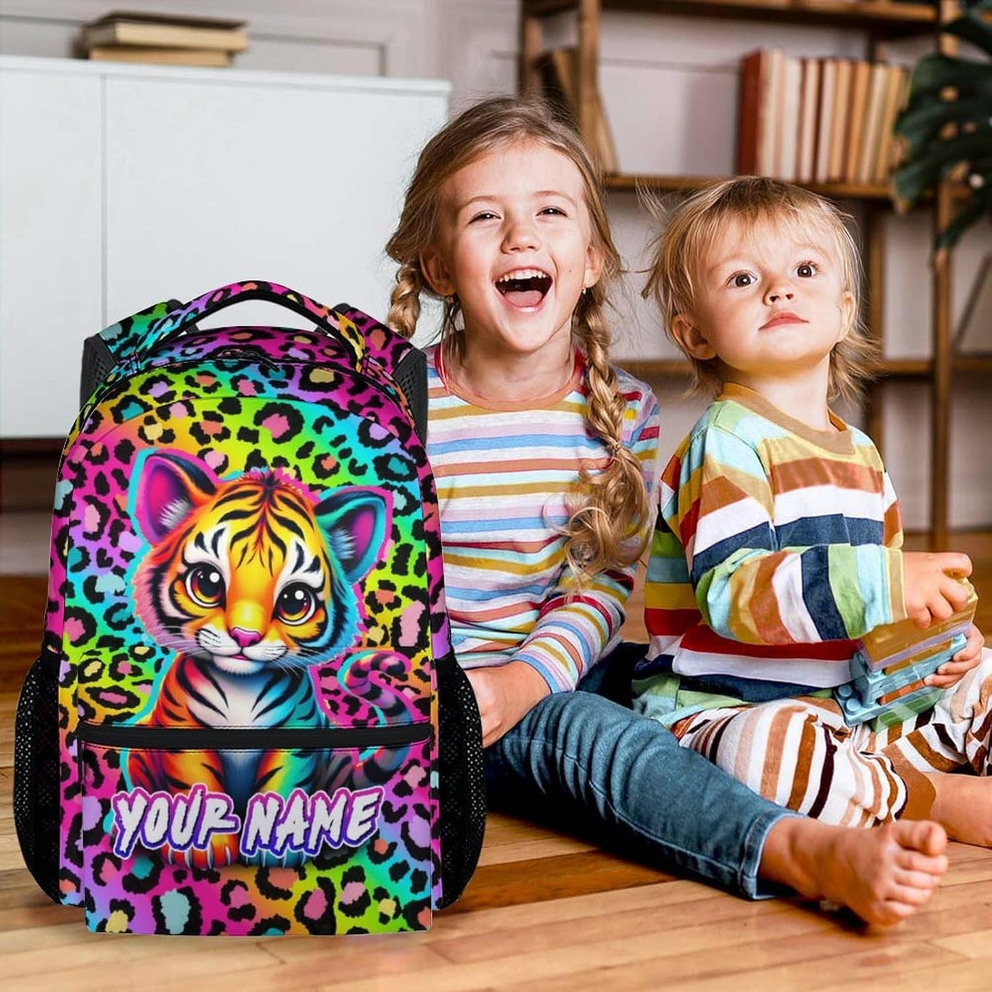 Custom School Backpack for Kids - 17 Inch Tiger Backpack with Adjustable Straps - Cartoon Leopard Print Large Capacity Bookbag for Elementary