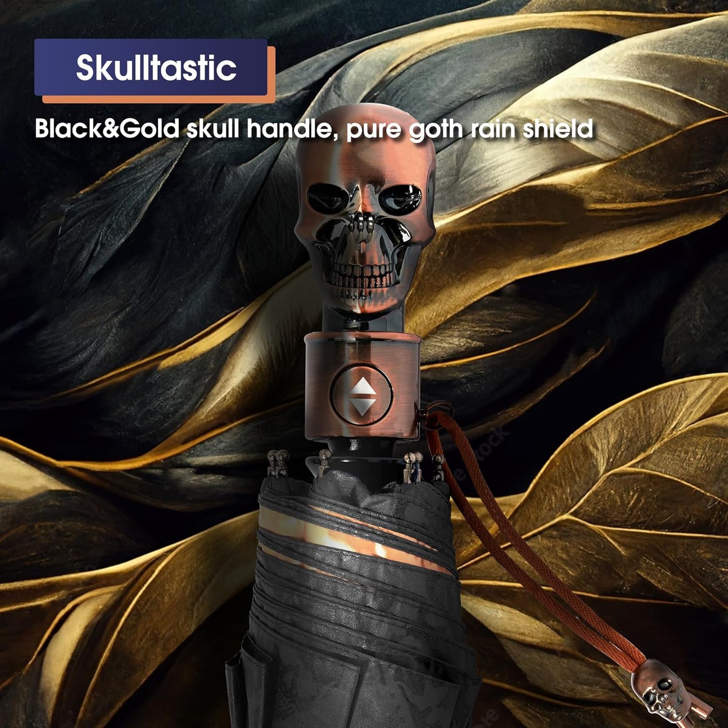 Gothic Skull Umbrella Compact Portable Automatic Folding with Golden Skull Handle Dark Blue with Gold UV Coating