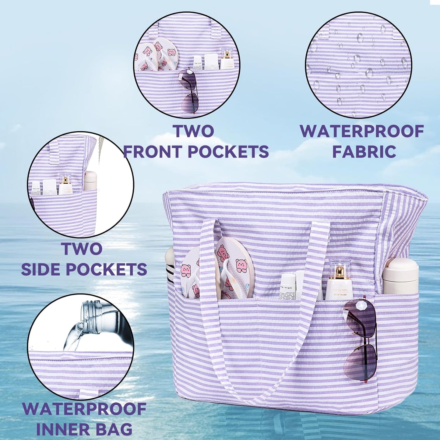 LEDAOU Beach Bag Waterproof Sandproof Women Tote Bag Pool Bag with Zipper for Gym Grocery Travel with Wet Pocket