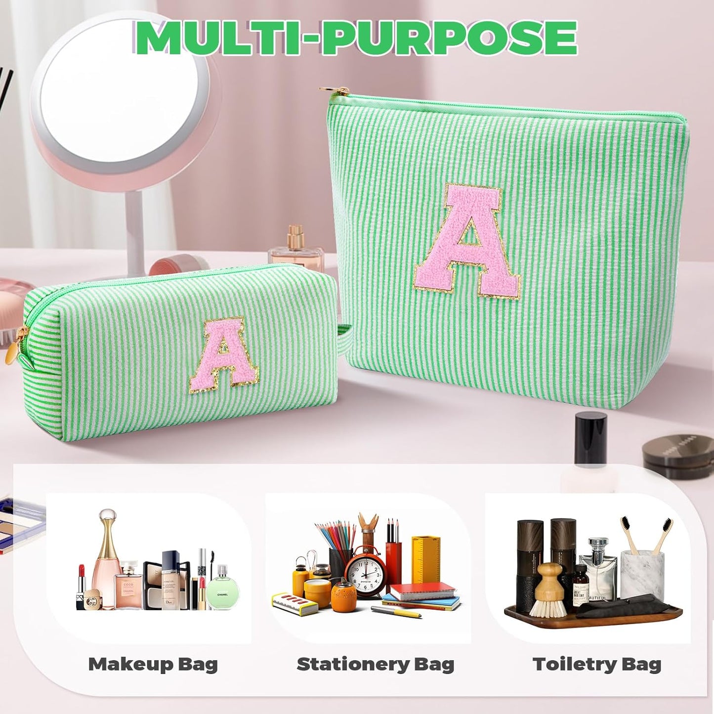 Makeup Bag Set Initials Cosmetic Bag,Gifts for 10 11 12 13 14 15 16 17 18 Years Old Girl Girlfriend Teen Girls Gift Trendy Stuff Personalized Toiletry Bag Travel - Green,A