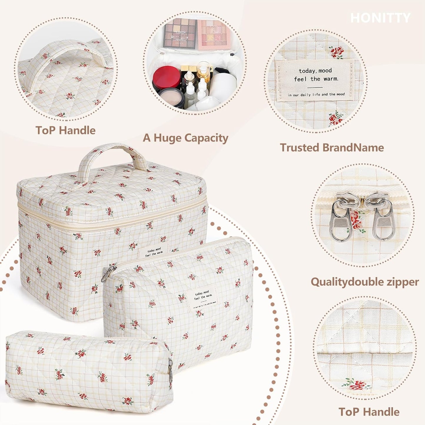 Makeup Bag,Quilted Cosmetic Bags,Large Floral Make Up Organize bag,Makeup Bag Set for Women,Flower Travel Toiletry Bag