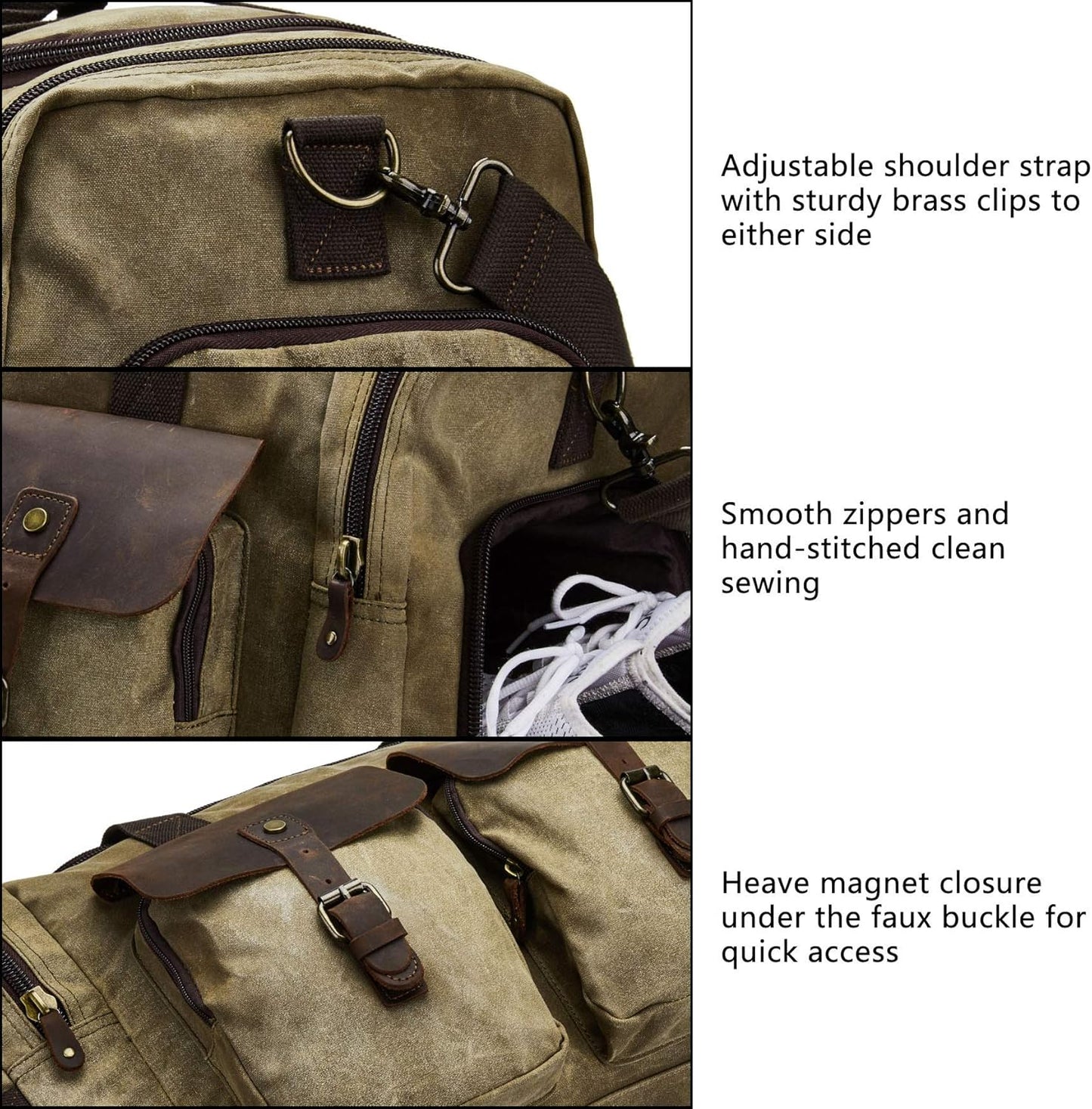 Men's Waxed Canvas Vintage Overnight Duffel Weekend Bag with Shoes Compartment (Khaki)