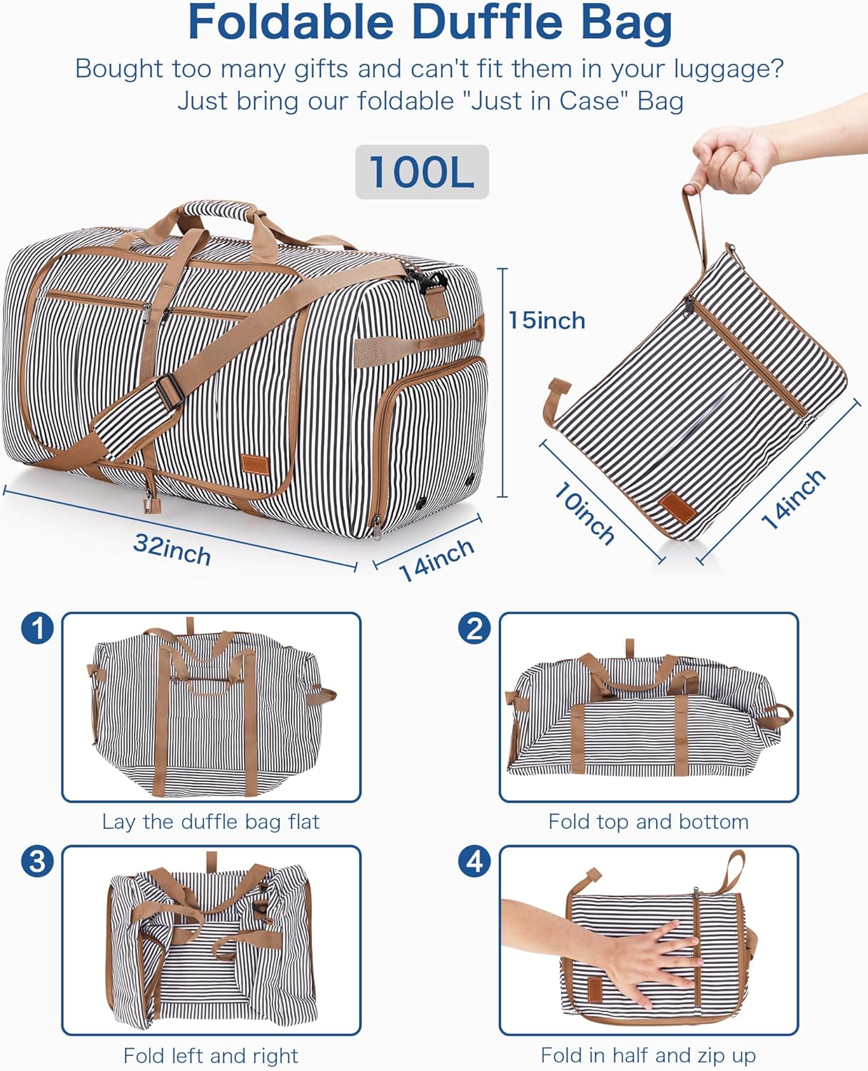 100L Travel Duffle Bag for Men, Urtala 32” Large Duffle Bag for Traveling with Shoe Compartment, Foldable Travel Duffel Bag Weekender Bag Gym Bag for Men Women Water & Tear Resistant (Stripe, 100L)