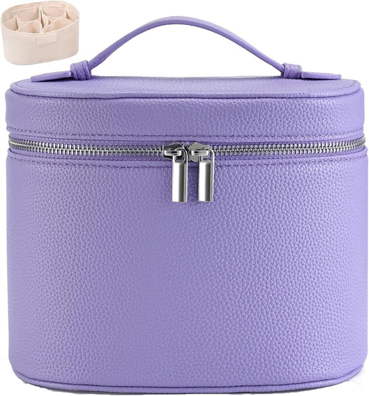 Leather Make Up Bags With Compartments, Brown travel Cosmetic Bags for Women, Parallel Makeup Travel Bags Organizer Equipped With a Detachable Divider (Purple)