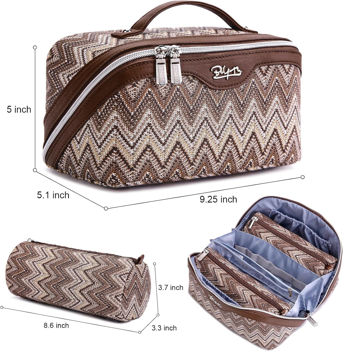 BOYATU Travel Makeup Bag for Women: Western Boho Make up Bag Set of 3 - Large Capacity Vegan Leather Cosmetic Bag - Waterproof Toiletry Bag with Compartments & Handle & Divider(J-2-Brown)