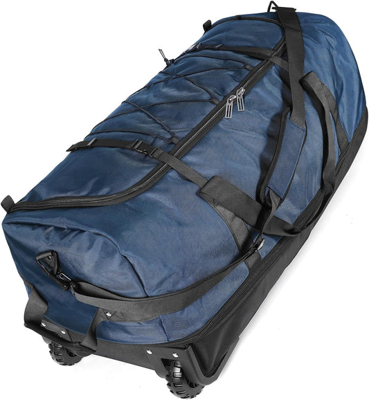 110L Expandable to 140L 32” Foldable Oxford Soft-Sided Rolling Duffle Bag with 2 Heavy-Duty Wheels,3 Large Compartments,Adjustable Shoulder Strap and Attached Organizer Pouch,Navy Blue