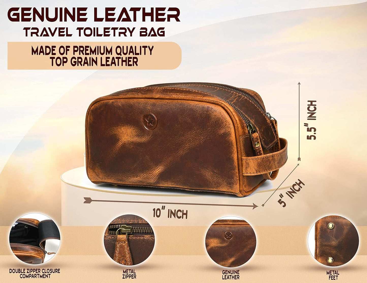 10" Premium Leather Toiletry Travel Pouch With Waterproof Lining Black Color | King-Size Handcrafted Vintage Shaving Kit By Aaron Leather Goods