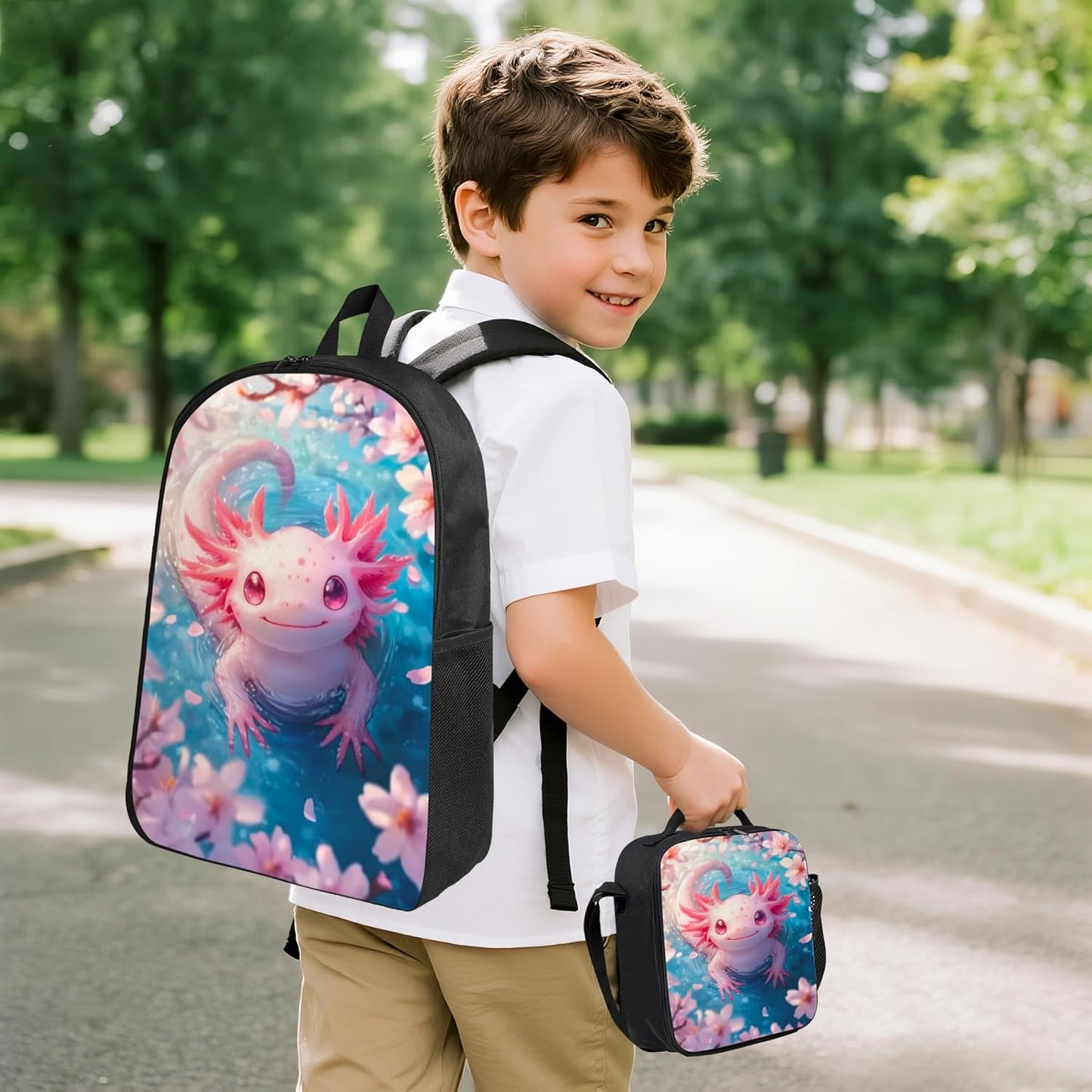 Axolotl Kid Backpack Set with Lunch Bag & Pencil Case Large Capacity School Bag 17 Inch Bookbag for Boy Girl