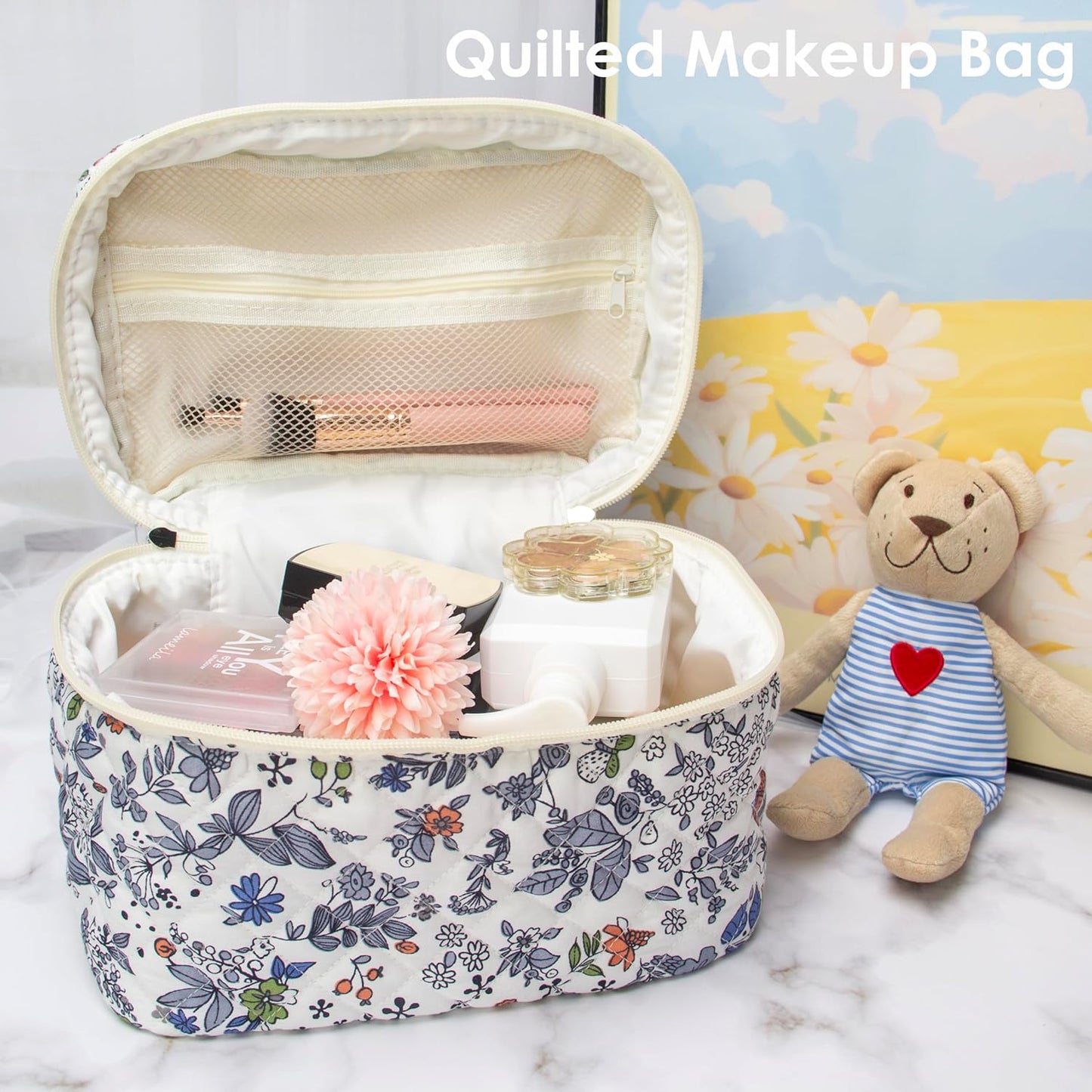 PAZIMIIK 3PCS Makeup Bag SET Large Travel Quilted Zipper Soft Cosmetic Case Pouch for Women Girls Make Up,Leaf White