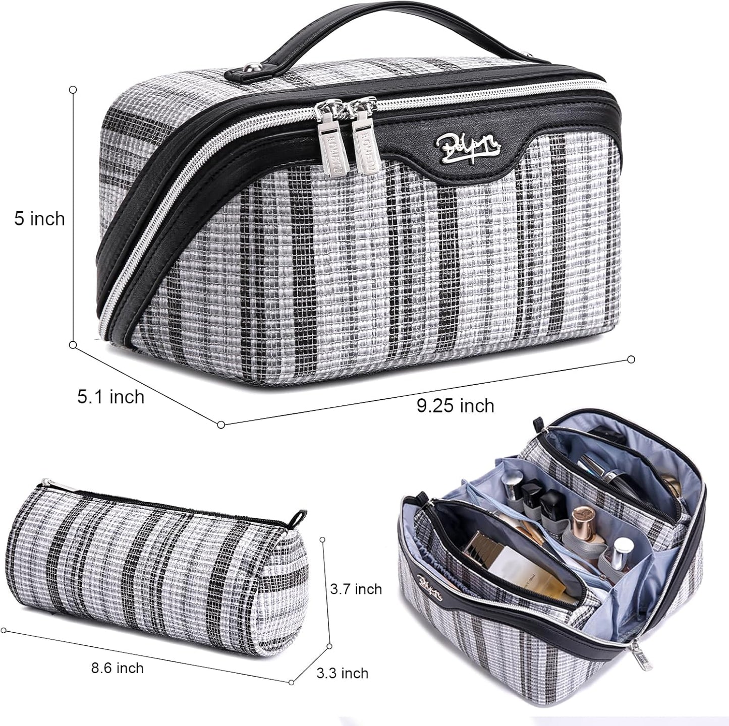 BOYATU Travel Makeup Bag for Women: Large Capacity Open Flat Make up Bag Set of 3 - Vegan Leather Cosmetic Bag with Compartments - Waterproof Toiletry Bag with Handle & Divider(I-2-Black)