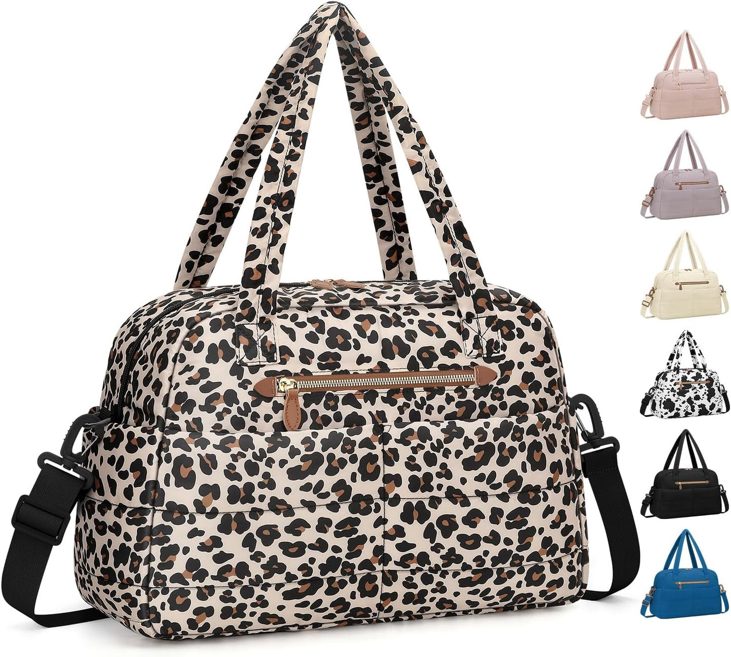 Travel Duffle Bag,Puffer Carry On Duffel Bag with Laptop Compartment Waterproof Overnight Weekender Bags for Women Large Hospital Tote Bags for Labor and Delivery(Medium,Leopard)