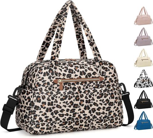 Travel Duffle Bag,Puffer Carry On Duffel Bag with Laptop Compartment Waterproof Overnight Weekender Bags for Women Large Hospital Tote Bags for Labor and Delivery(Medium,Leopard)