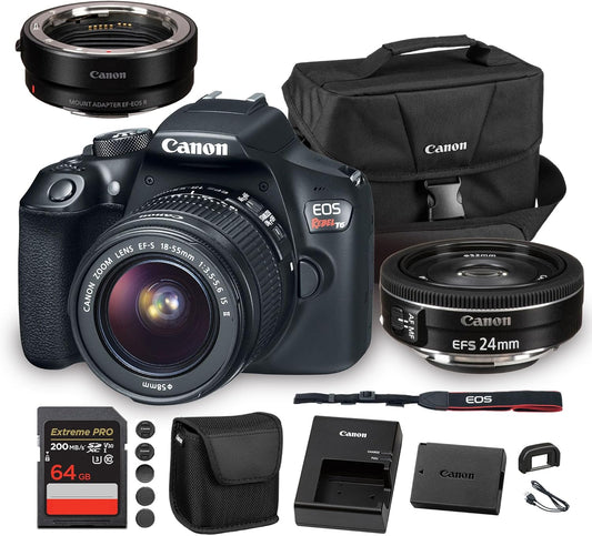 Canon EOS Rebel T6 DSLR Camera with 18-55mm Lens | 18MP APS-C CMOS Sensor, Built-In Wi-Fi & Full HD Video | For Travel & Everyday Photography + Canon EF-S 24mm f/2.8 STM Lens + Adapter EF-EOS R + More