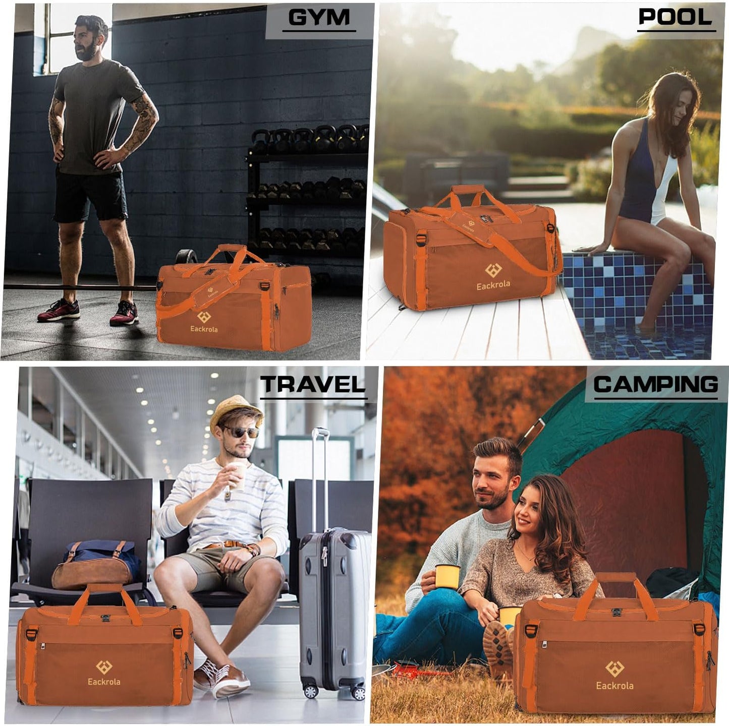 Eackrola Large Sports Gym Bag, Travel Duffel bag with Wet Pocket & Shoes Compartment for men women, 65L, Lightweight（Orange）