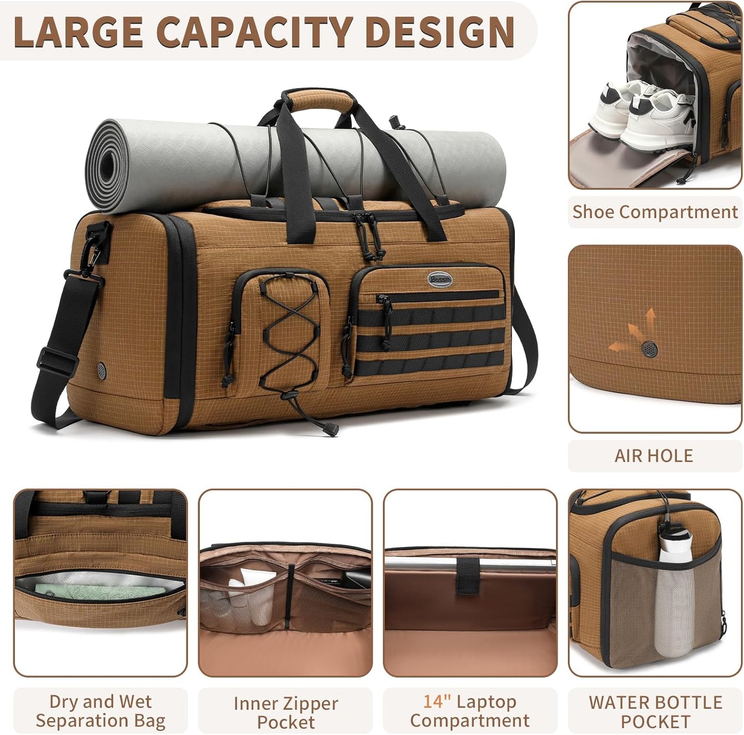 Bosstin Gym Bag for Men & Women,45L Travel Duffle Sports Duffel Bag Gym Weekender Overnight Backpack with Shoe Compartment (CAMEL CHECKERED)