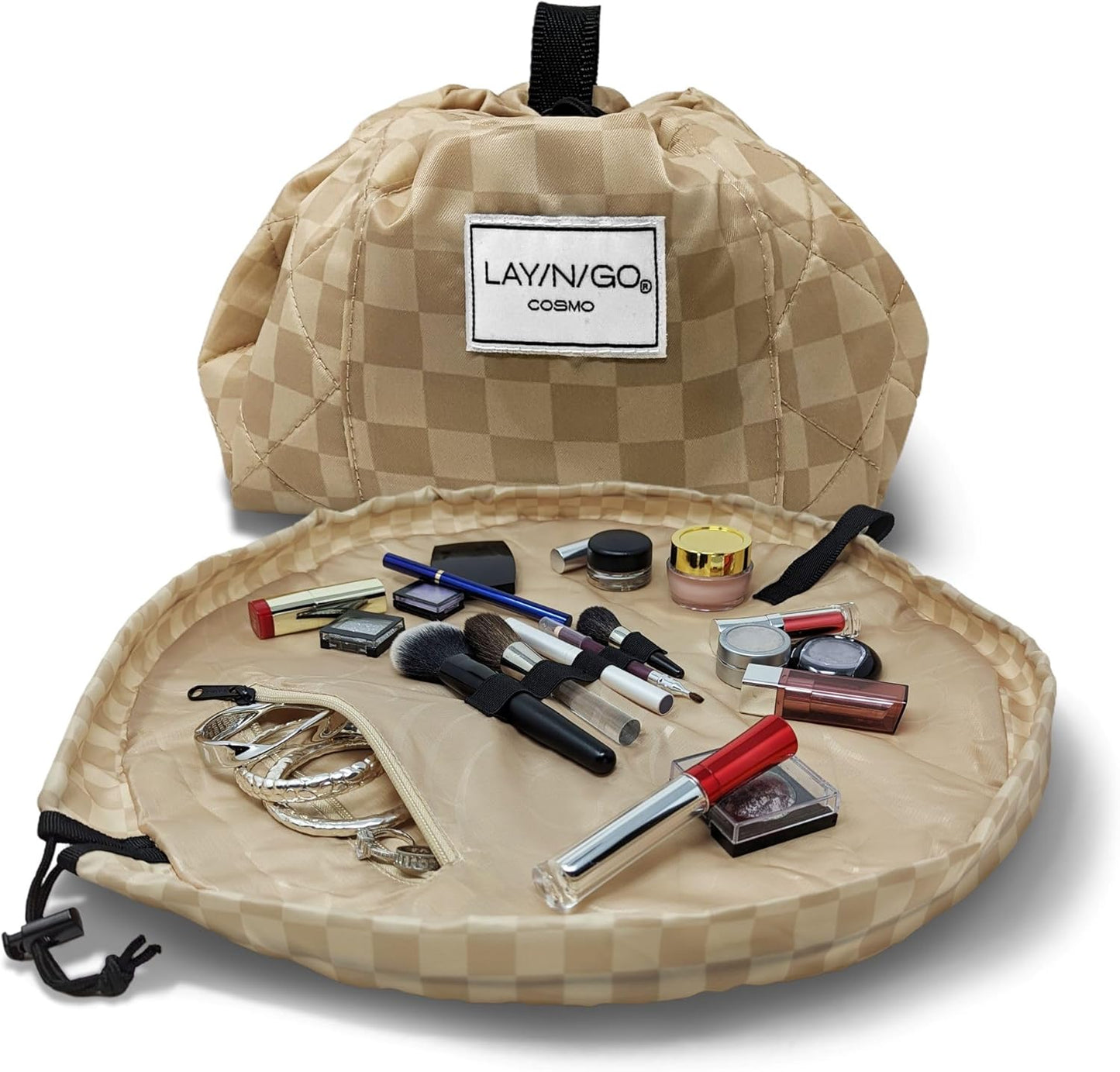 Lay-n-Go Cosmo Layflat Drawstring Cosmetic & Makeup Bag Organizer - Portable Drawstring Bag w/Zipper Pocket, Makeup Loops & More - Durable, Machine Washable Toiletry Bag for Travel (20", Checked)