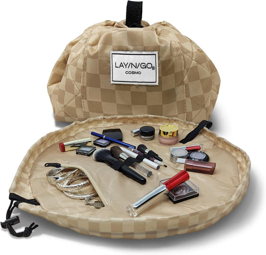Lay-n-Go Cosmo Layflat Drawstring Cosmetic & Makeup Bag Organizer - Portable Drawstring Bag w/Zipper Pocket, Makeup Loops & More - Durable, Machine Washable Toiletry Bag for Travel (20", Checked)
