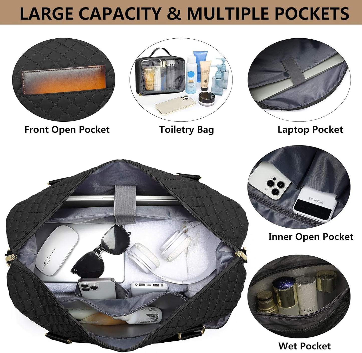 Large Women Travel Duffle Bag - Carry on Overnight Bags Weekend Travel Duffel Tote with Wet Pocket Weekender for Travel Business Trips Sports Hospital Black 3 Pcs Set