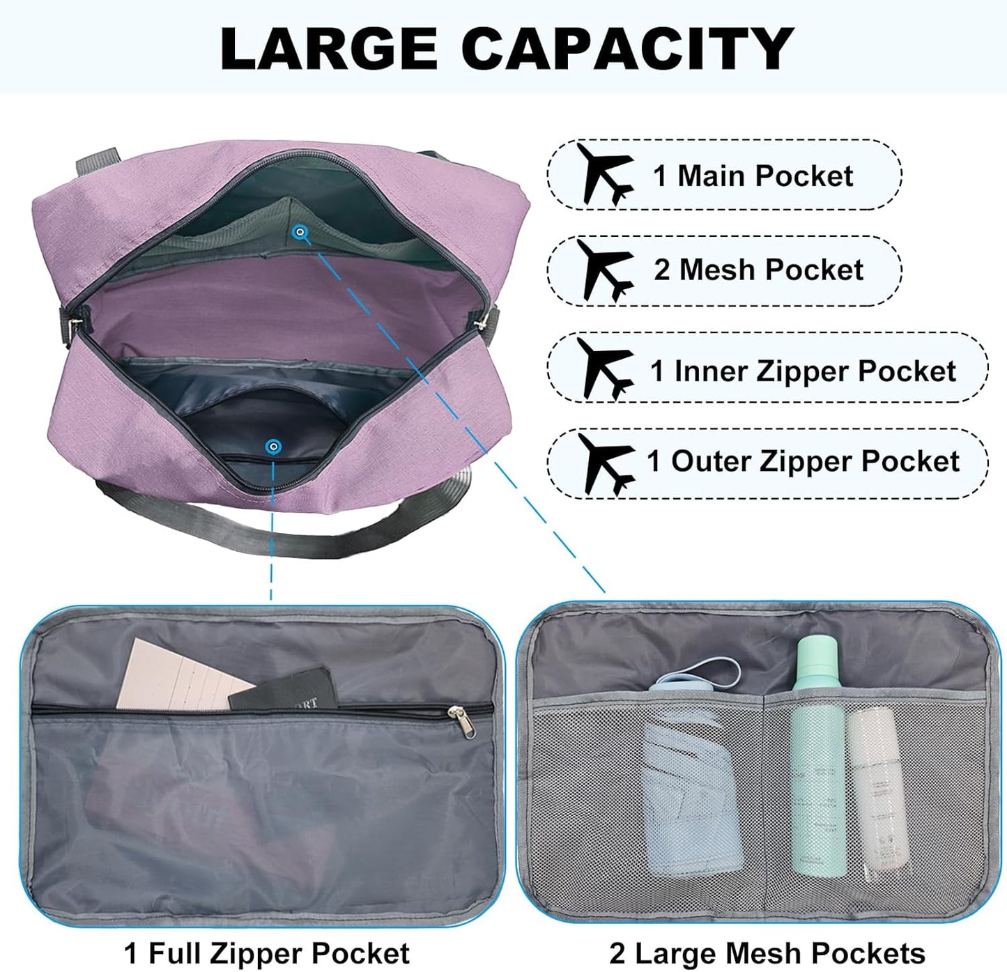 15 Inch Small Carry On Bags for Airplanes Spirit Airlines Personal Item Bag Underseat Foldable Travel Duffle Gym Bags for Women Men(20L,Purple)