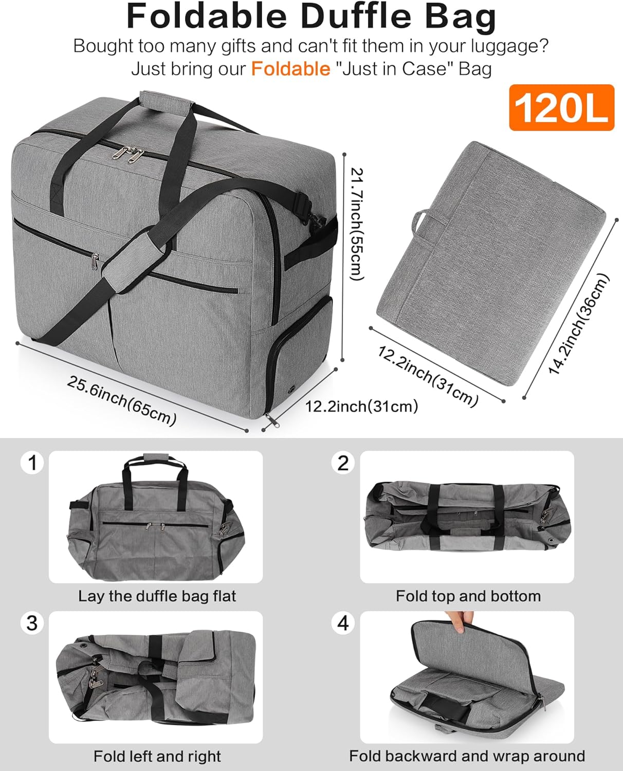 120L Foldable Large Travel Duffle Bag for Men and Women, Packable Duffel Bags with Shoe Compartment, Water Repellent & Tear Resistant (Gray)
