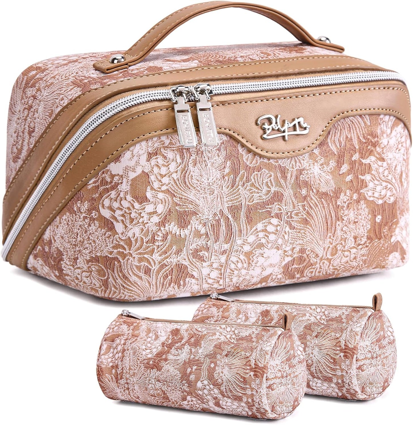 BOYATU Travel Makeup Bag for Women: Large Capacity Make up Bag with Compartments - Vegan Leather Cosmetic Bag set of 3 - Waterproof Toiletry Bag with Handle & Divider(E-5-Orange)