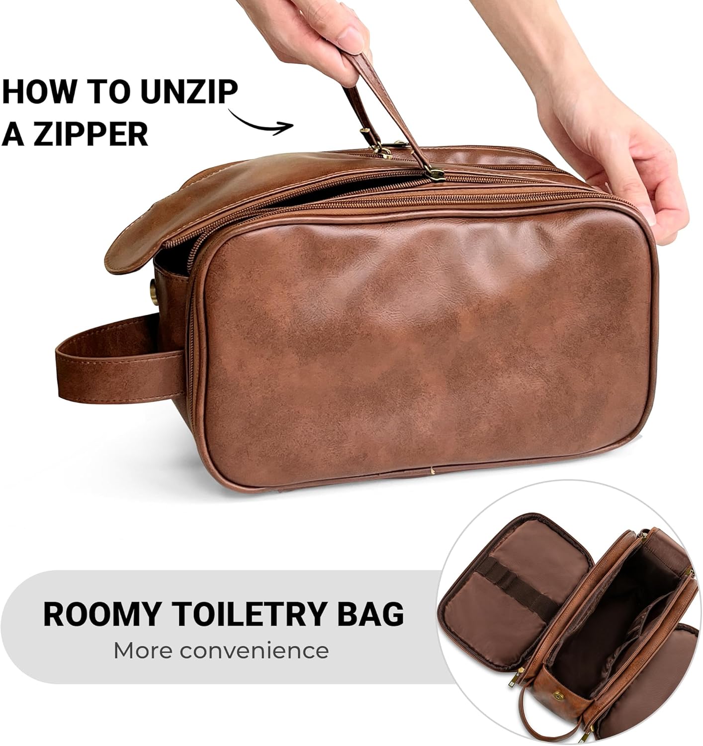 Elviros Toiletry Bag for Men, Large Travel Shaving Dopp Kit Water-resistant Bathroom Toiletries Organizer PU Leather Cosmetic Bags Fathers Day Gift (Medium, Dark Brown)