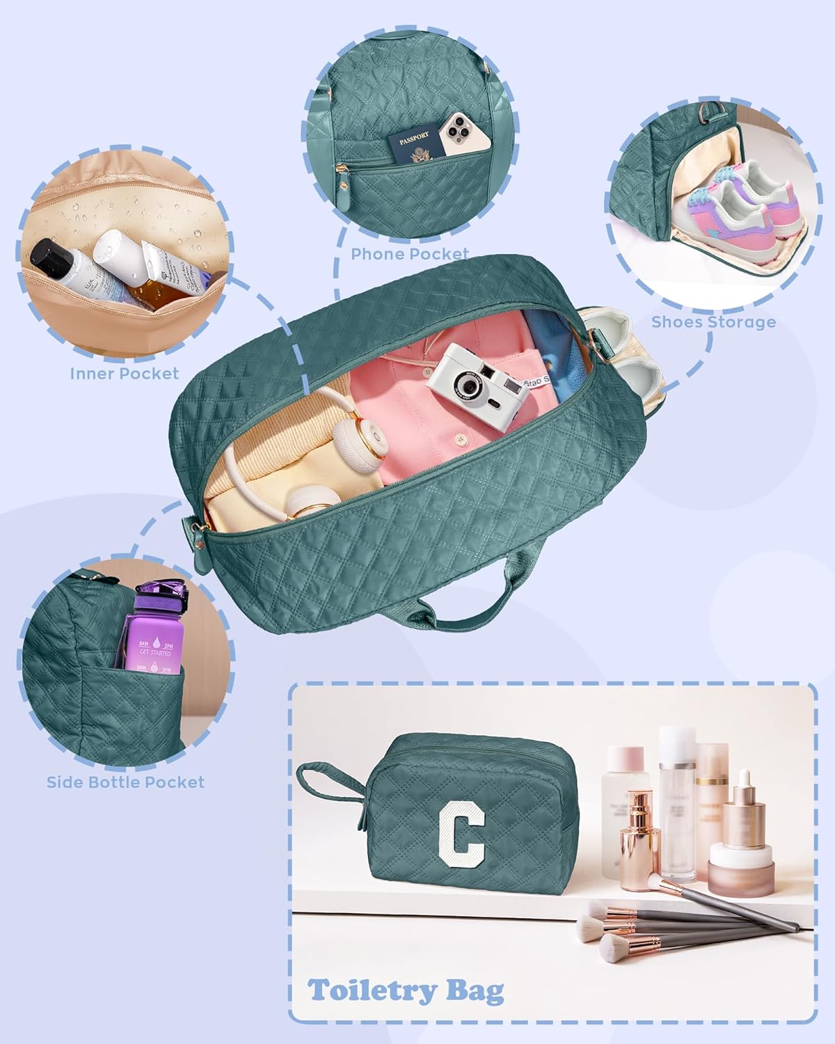 Initial Duffle Bag for Travel Women Girls Gift: Personalized Weekender bags, Dance Cheer bag Sports for Girl, Kid Gymnastics Bags, Birthday Gifts for Women Girls Kids Teens Mom Teacher