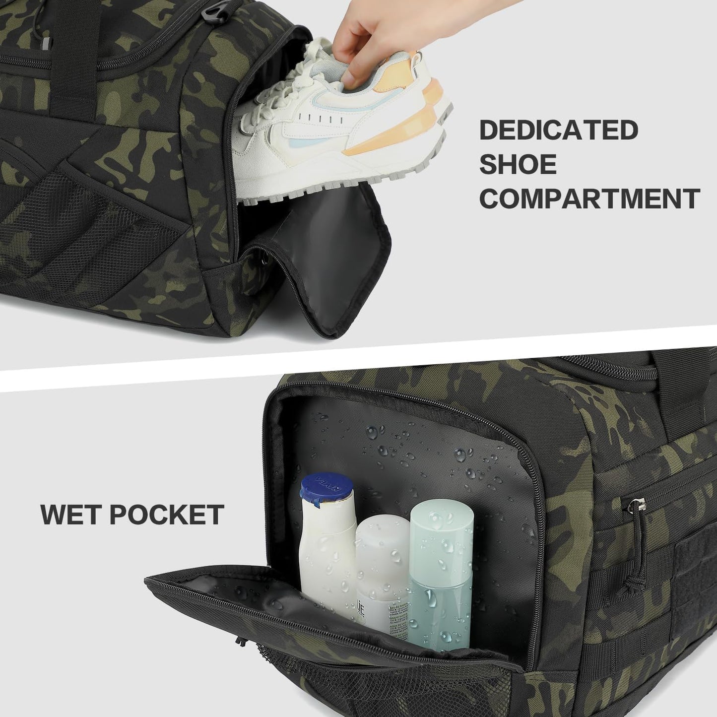 3-in-1 Tactical Gym & Travel Duffle Bag Backpack Men Multi-Functional 45L Military Sports Duffle Bag with Shoe Compartment & Wet Pocket for Workout Weekender Overnight Bag with Molle Webbing, Camo