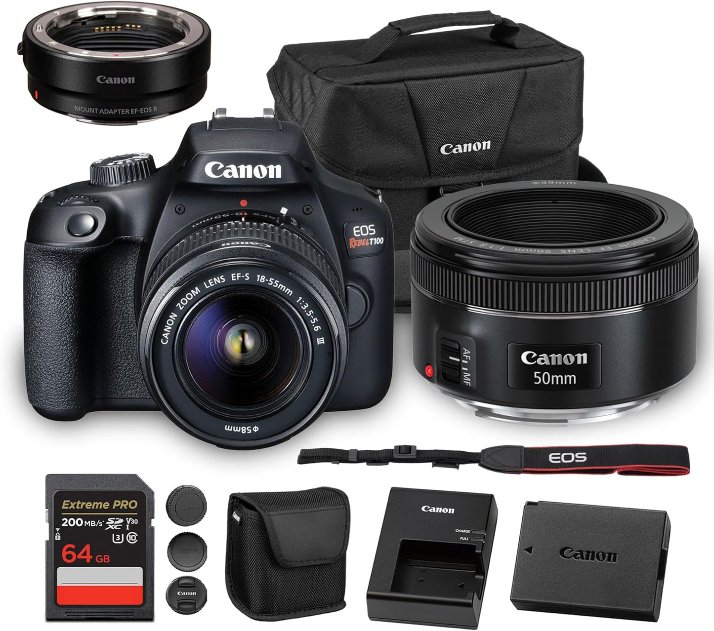 Canon EOS Rebel T100 DSLR Camera with 18-55mm Lens| 18MP APS-C Sensor, Built-in Wi-Fi & Full HD Video| for Beginners, Travel & Everyday Shooting (2628C029) + EF 50mm f/1.8 STM Lens + 64GB Card + More