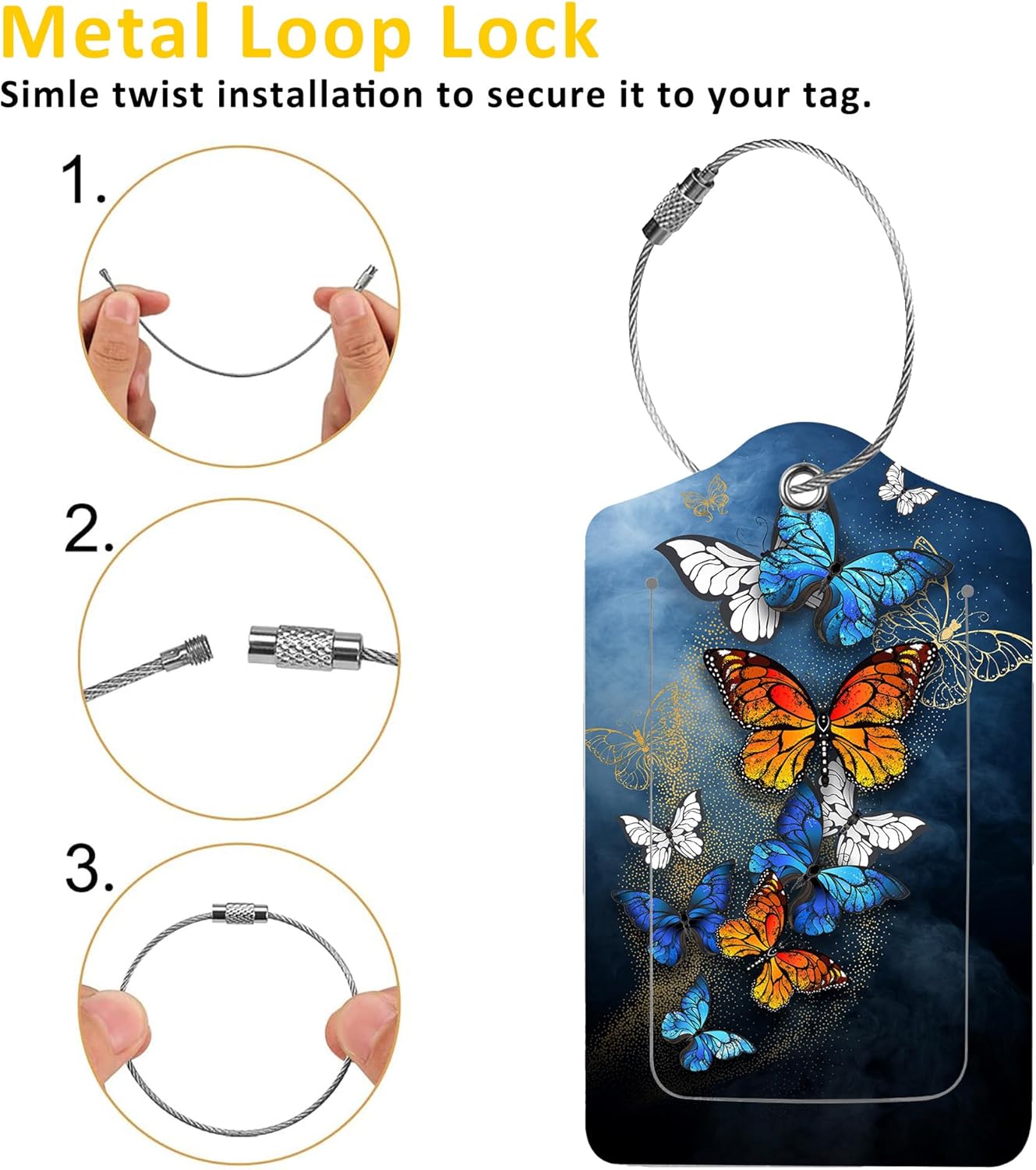 2 Pack Butterflies Luggage Tags for Suitcases,Butterflies in Flight Leather Baggage Suitcases Tag Name ID Label Privacy Cover Travel Bag Tags for Women Men Boys Girls