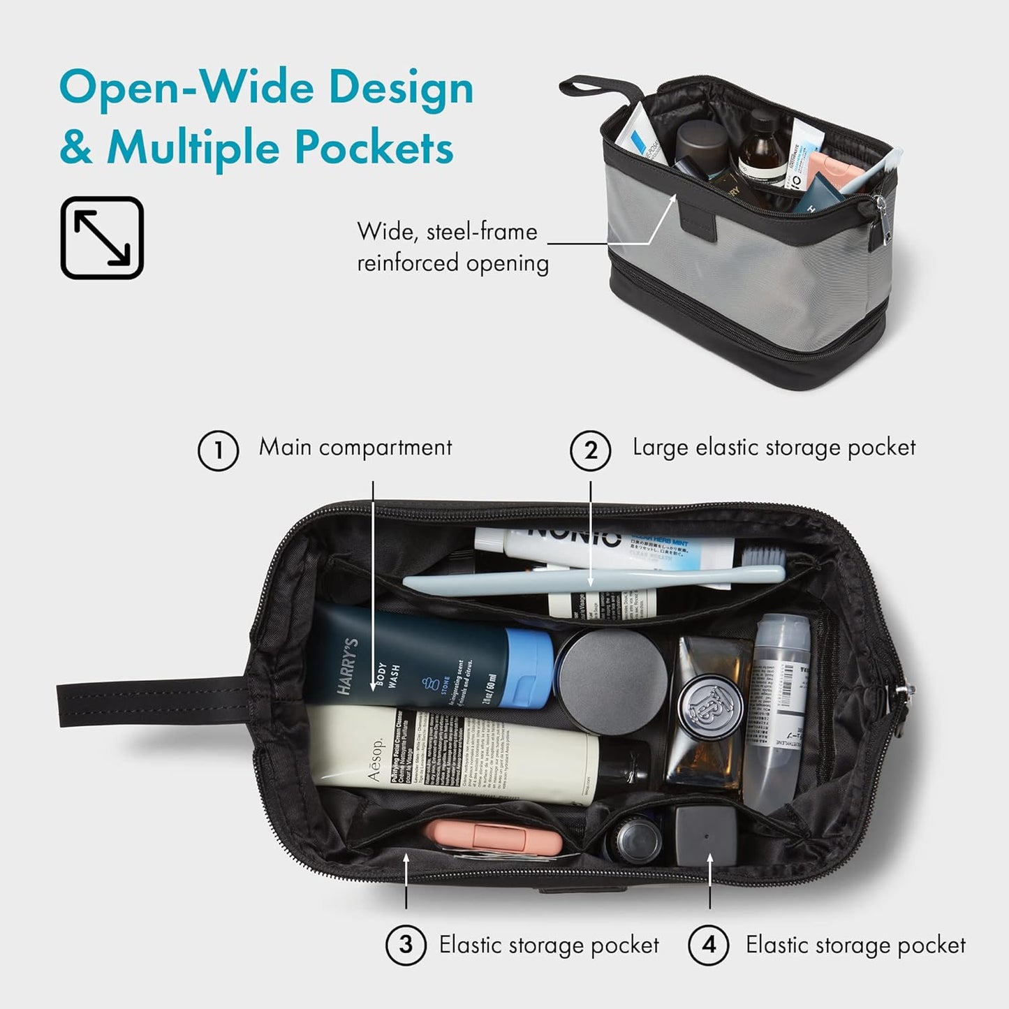 Aberlite Traveler Toiletry Bag for Men - Water Resistant Traveling Dopp Kit - Travel Pouches Organizer - Travel Bathroom Bag (Grey) (Medium Size - 5.3 Liters)