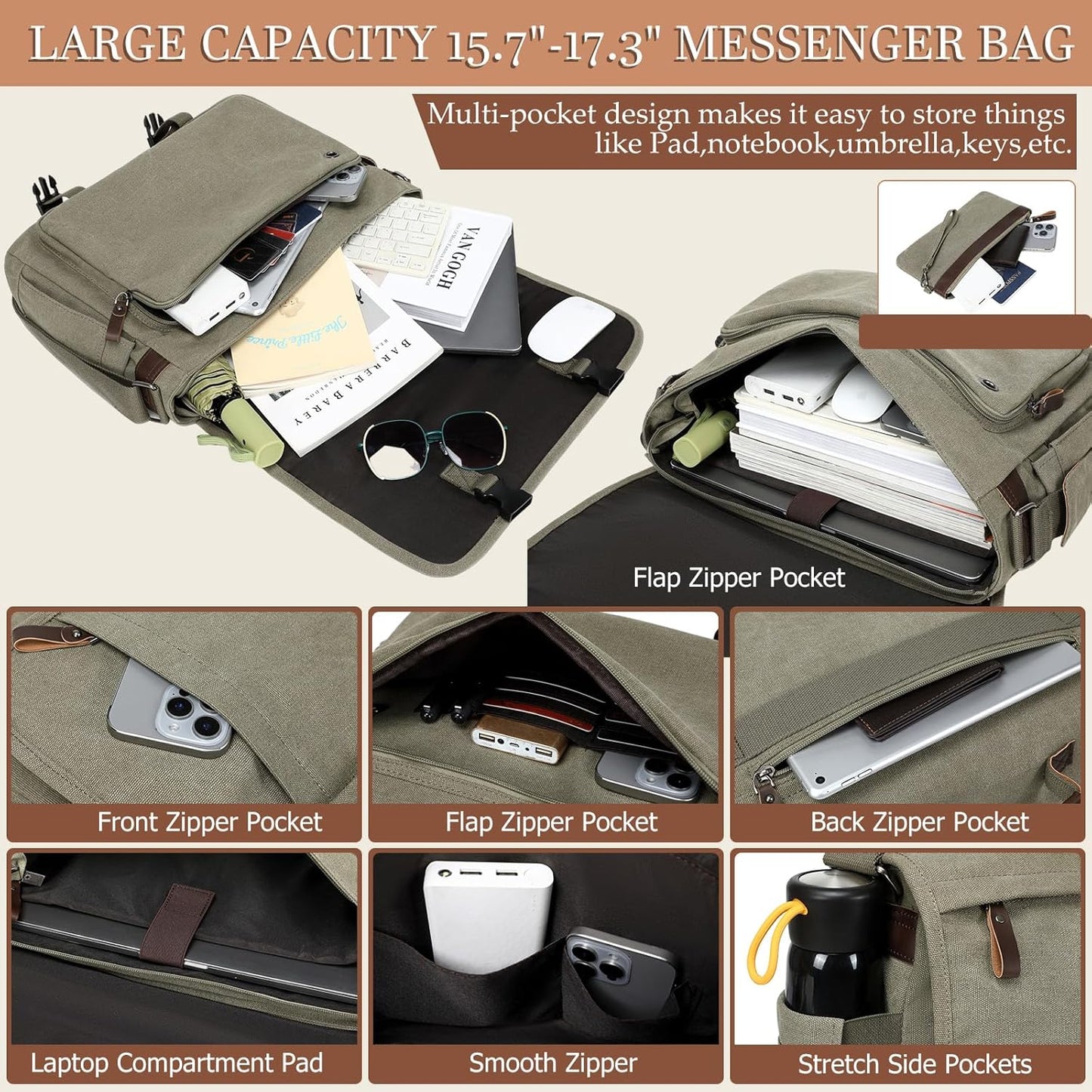 17.3 Inch Messenger Bag for Men: 2PCS Laptop Bag PU Leather Canvas Work Briefcase Large Office