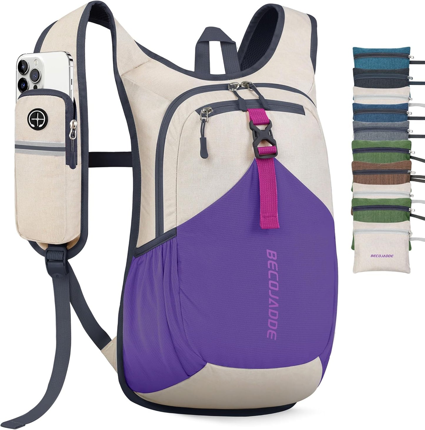 15L Small Hiking Backpack for Men Women Foldable Packable Back Pack Ultralight Hiking Daypack for Travel Camping Outdoor, Beige Purple