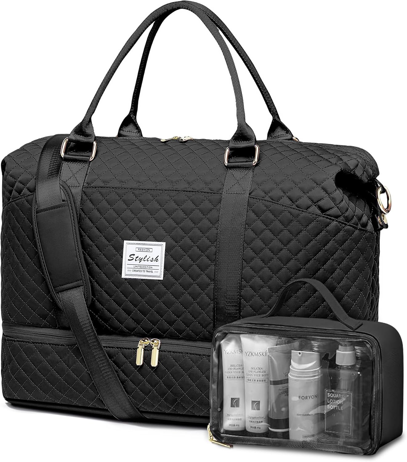 Women Weekender Travel Duffle Bags - Large Duffel Overnight Bag with Shoe Compartment & Toiletry Carry on Tote Weekend Yoga Gym Bags with Wet Pocket Hospital Bags for Labor and Delivery Black