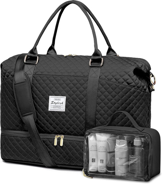 Women Weekender Travel Duffle Bags - Large Duffel Overnight Bag with Shoe Compartment & Toiletry Carry on Tote Weekend Yoga Gym Bags with Wet Pocket Hospital Bags for Labor and Delivery Black