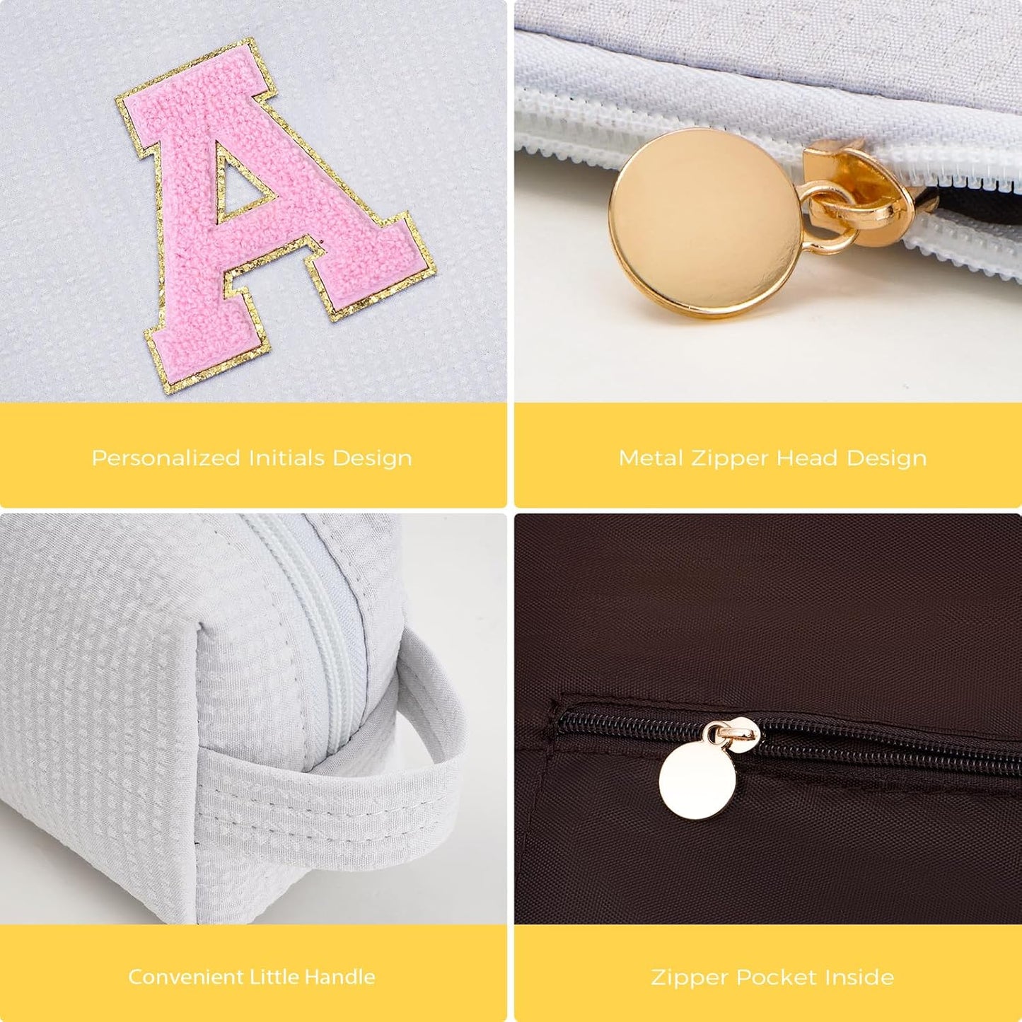 Makeup Bag Set Initials Cosmetic Bag,Gifts for 10 11 12 13 14 15 16 17 18 Years Old Girl Girlfriend Teen Girls Gift Trendy Stuff Personalized Toiletry Bag Travel - White,A