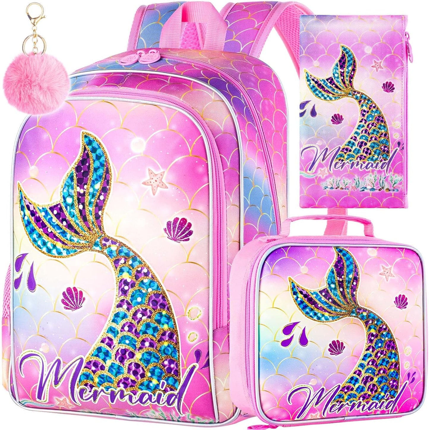 16" Mermaid Backpack for Girls, 3Pcs School Bookbag with Lunch Box, Kids Backpacks Set for Elementary Preschool Kindergarten(Pink)