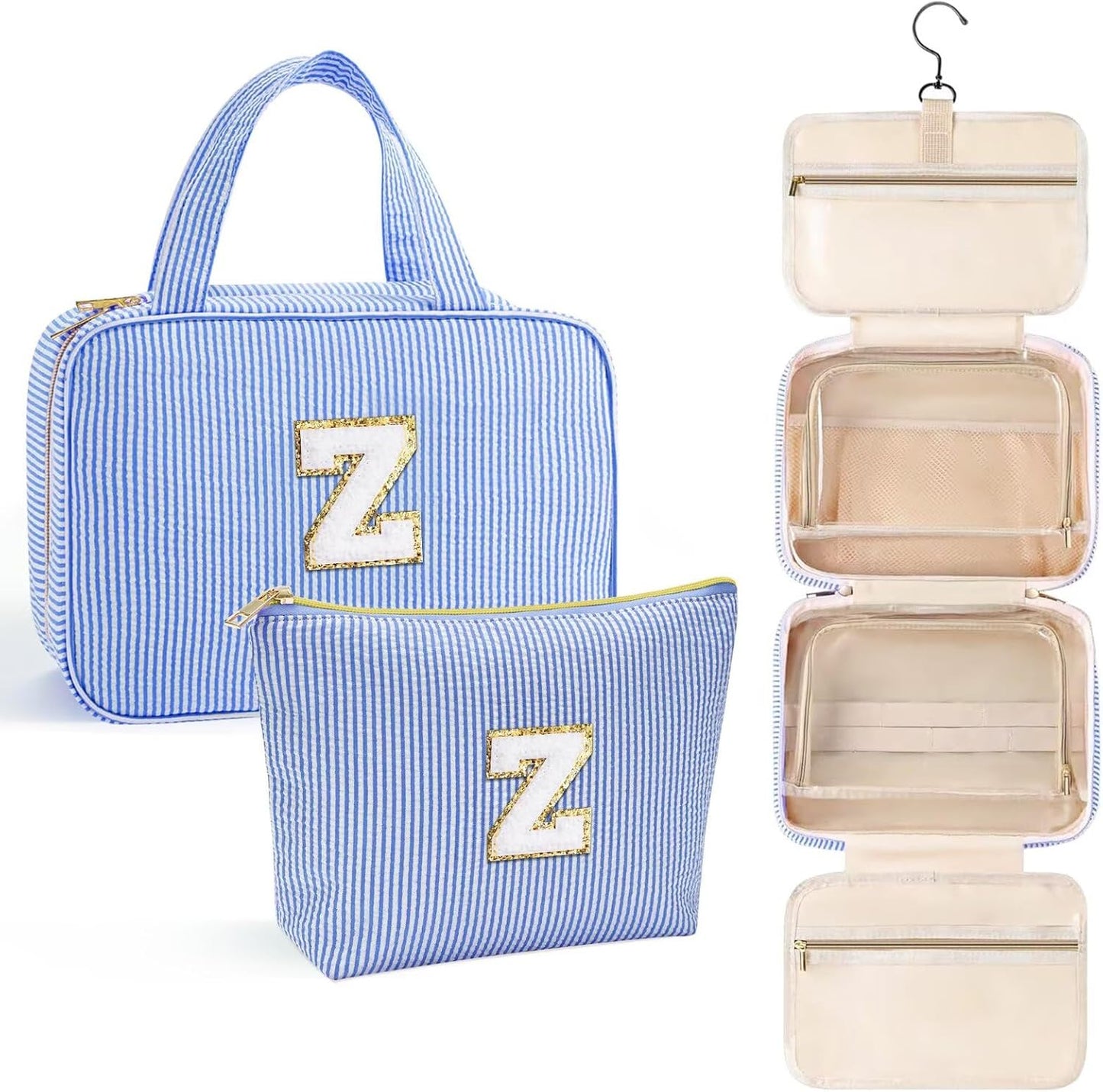 YOOLIFE Hanging Toiletry Bag for Women - Travel Toiletry Bag Makeup Bag, Portable Toiletries Travel Bag and Cosmetic Bag Essentials - Letter Z, Blue