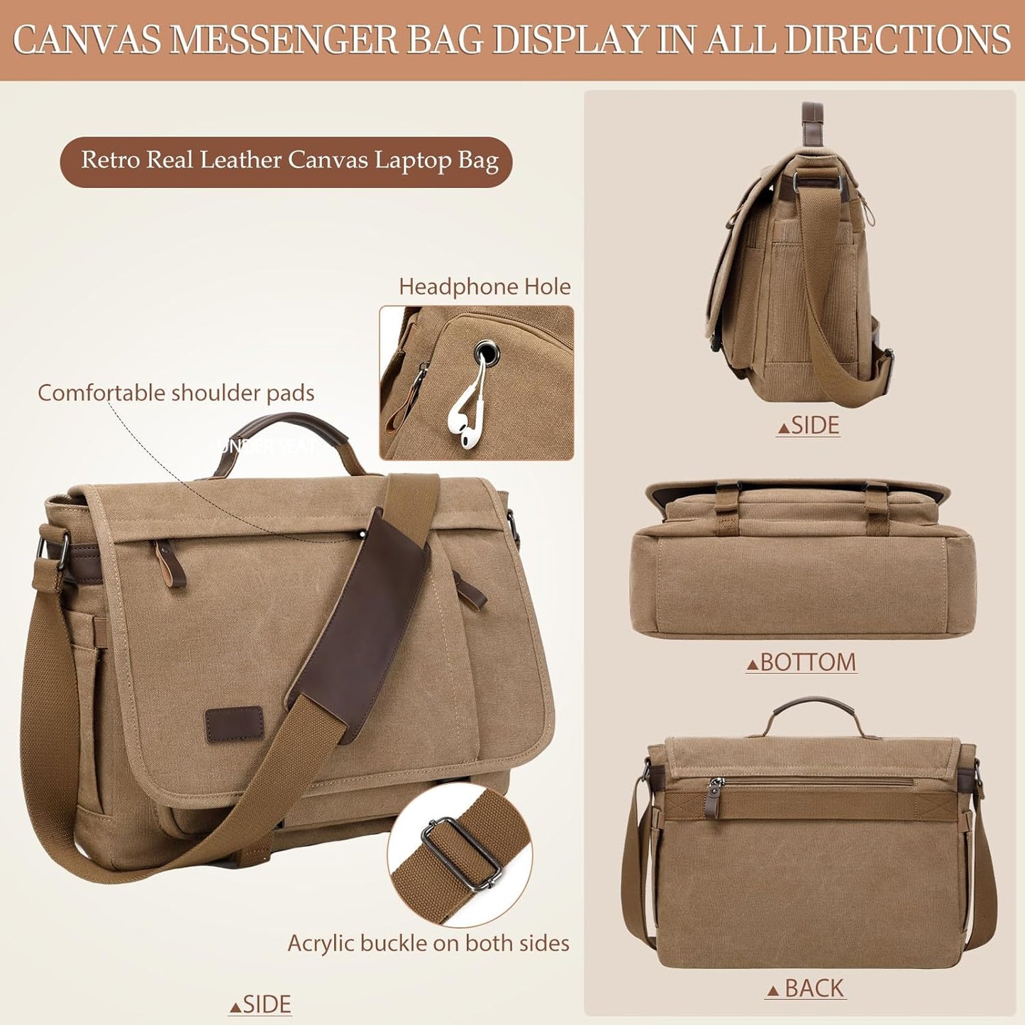 17.3 Inch Messenger Bag for Men: 2PCS Laptop Bag PU Leather Canvas Work Briefcase Large Office