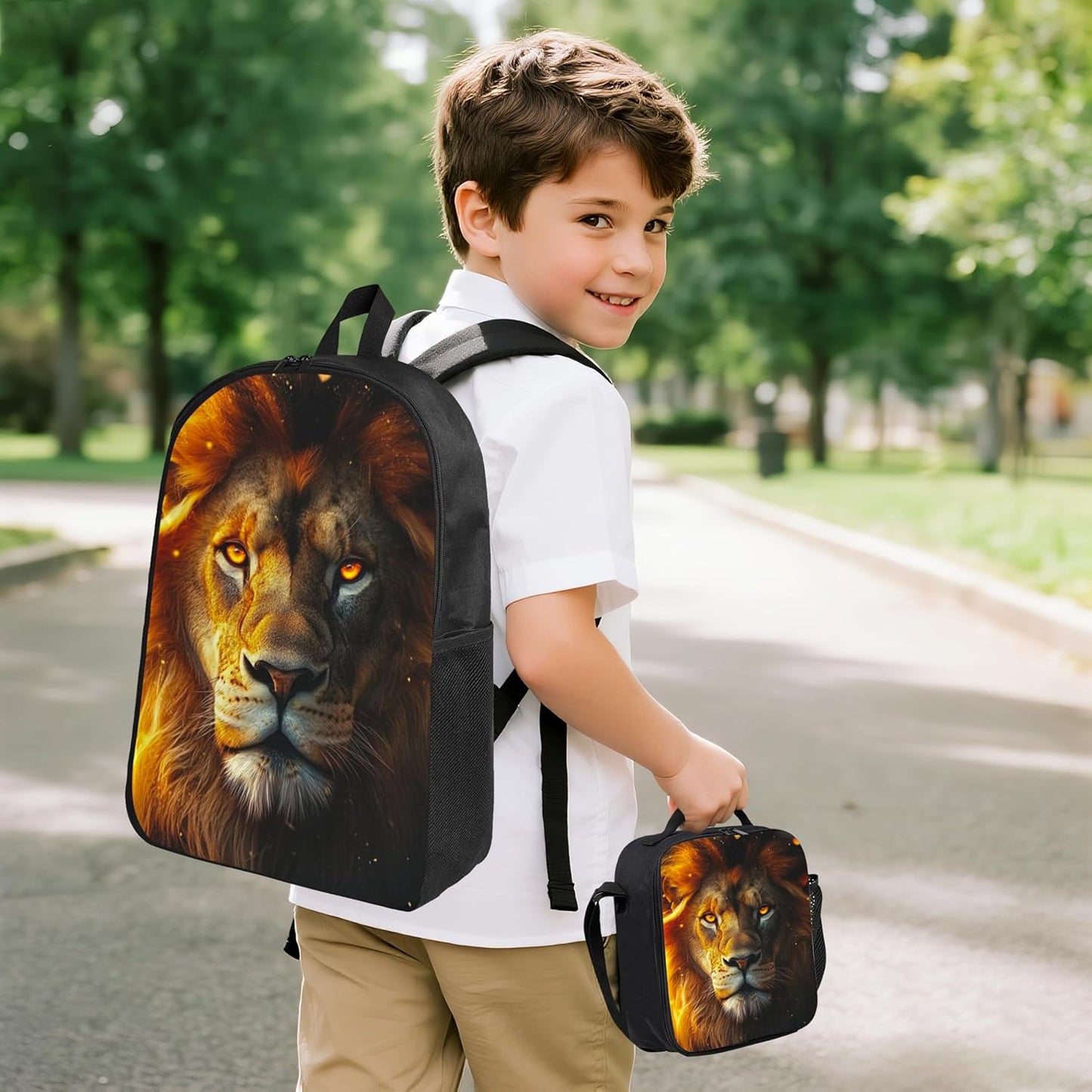 Lion Kid Backpack Set with Lunch Bag & Pencil Case Large Capacity School Bag 17 Inch Bookbag for Boy Girl