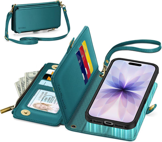 TUCCH Detachable Crossbody Wallet Case for iPhone 17 (6.3"), 9 Card Holders RFID Blocking | Lanyard | Wrist Strap | Wireless Charging | Zipper Pocket | PU Leather | Kickstand Flip Cover | Bluish Green