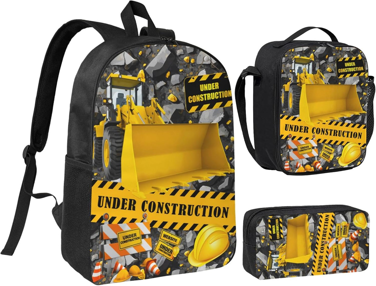 Construction Machines Cars Kid Backpack Set with Lunch Bag & Pencil Case Large Capacity School Bag 17 Inch Bookbag for Boy Girl