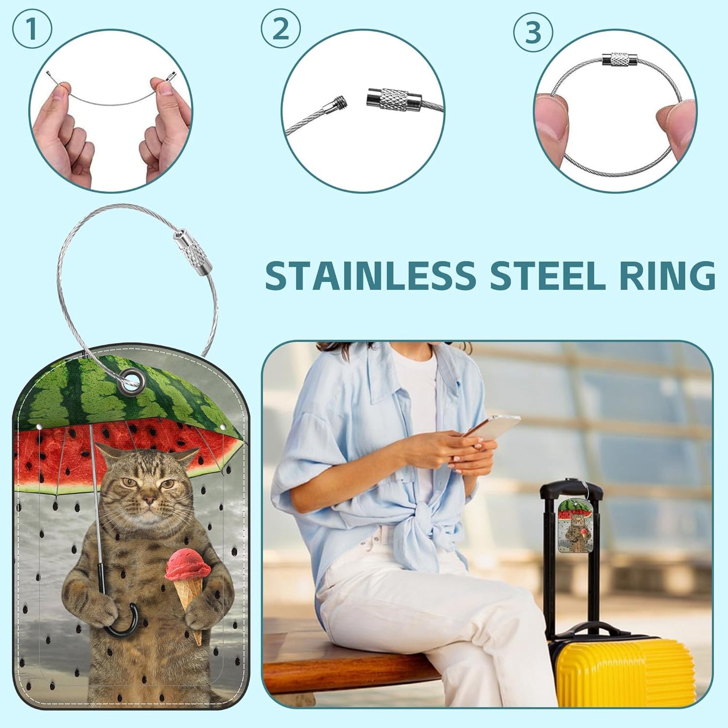 2 Pack Cute Luggage Tag for Suitcases Cute Cat and Umbrella Leather Luggage Tags with Stainless Steel Loop Privacy Flap Name Tags,Men and Women Travel Bag Suitcase Tags