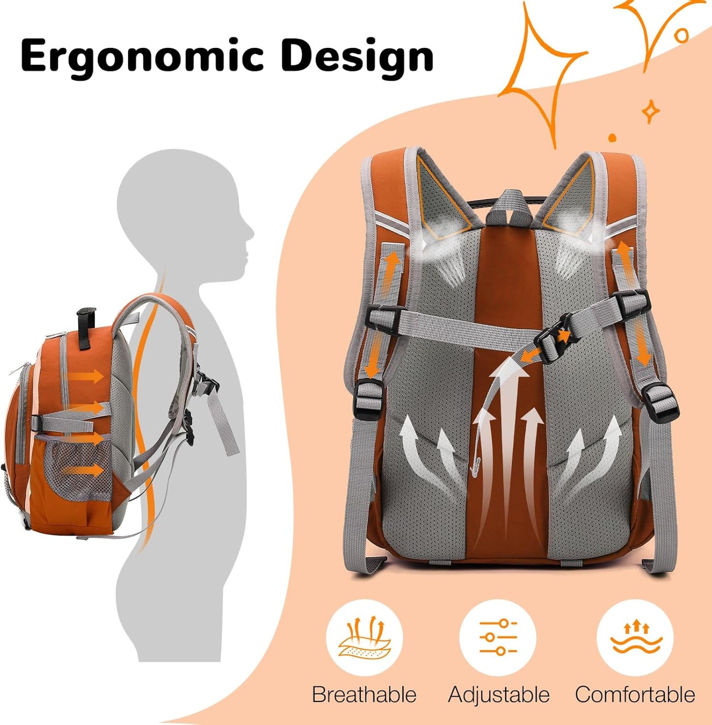 10L Orange Mini Kids Hiking Backpack with Chest Strap for Girls Boys, Small Hiking Daypack with Padded Straps for Men Women