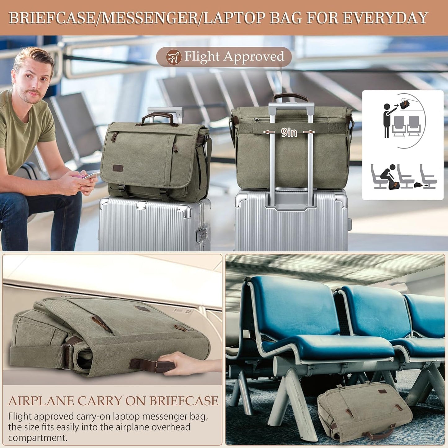 17.3 Inch Messenger Bag for Men: 2PCS Laptop Bag PU Leather Canvas Work Briefcase Large Office