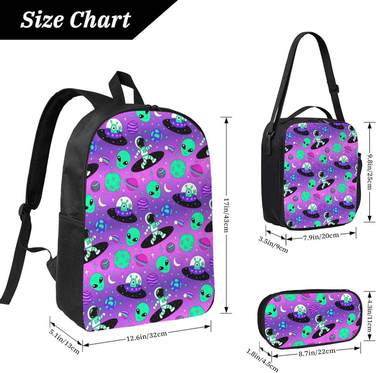 Alien Space Kid Backpack Set with Lunch Bag & Pencil Case Large Capacity School Bag 17 Inch Bookbag for Boy Girl