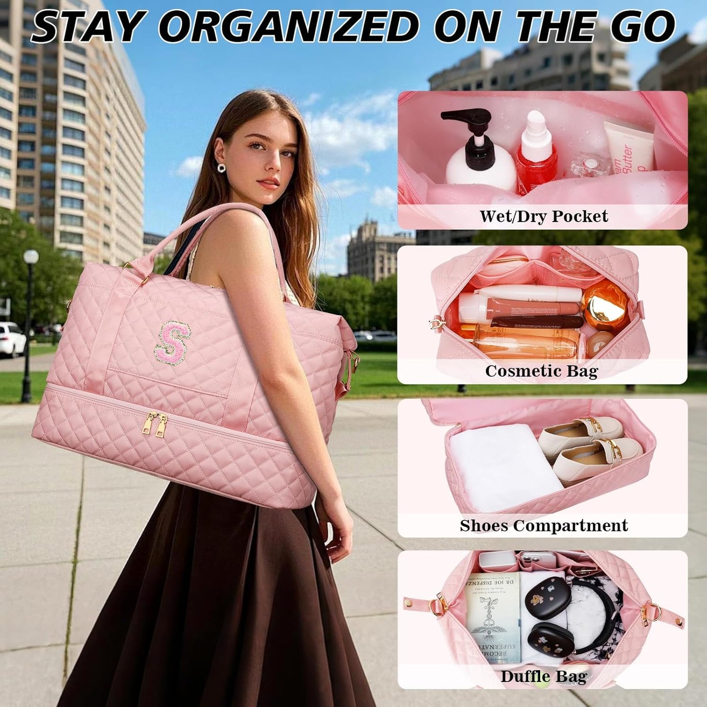 Gifts for Women Girls Initial Travel Duffle Bag Quilted Weekender Carry-On Overnight with Cosmetic Bag, Gym Bag with Shoe Compartment, Pink S